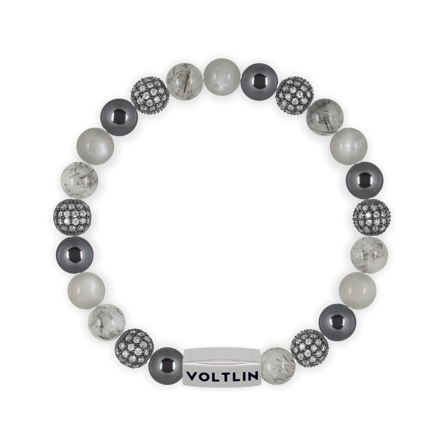 Front view of an 8mm Gray Sirius beaded stretch bracelet featuring Hematite, Steel Pave, Tourmalinated Quartz, & Moonstone crystal and silver stainless steel logo bead made by Voltlin