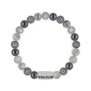 Top view of an 8mm Gray Sirius beaded stretch bracelet featuring Hematite, Steel Pave, Tourmalinated Quartz, & Moonstone crystal and silver stainless steel logo bead made by Voltlin