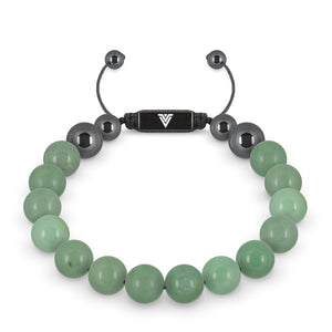 Front view of a 10mm Green Aventurine crystal beaded shamballa bracelet with black stainless steel logo bead made by Voltlin
