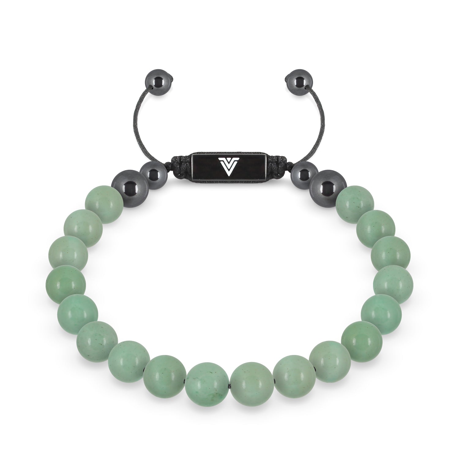 Front view of an 8mm Green Aventurine crystal beaded shamballa bracelet with black stainless steel logo bead made by Voltlin