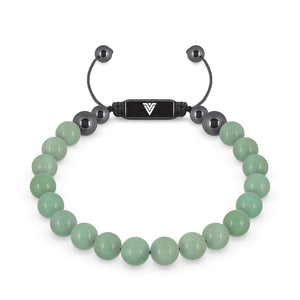 Front view of an 8mm Green Aventurine crystal beaded shamballa bracelet with black stainless steel logo bead made by Voltlin