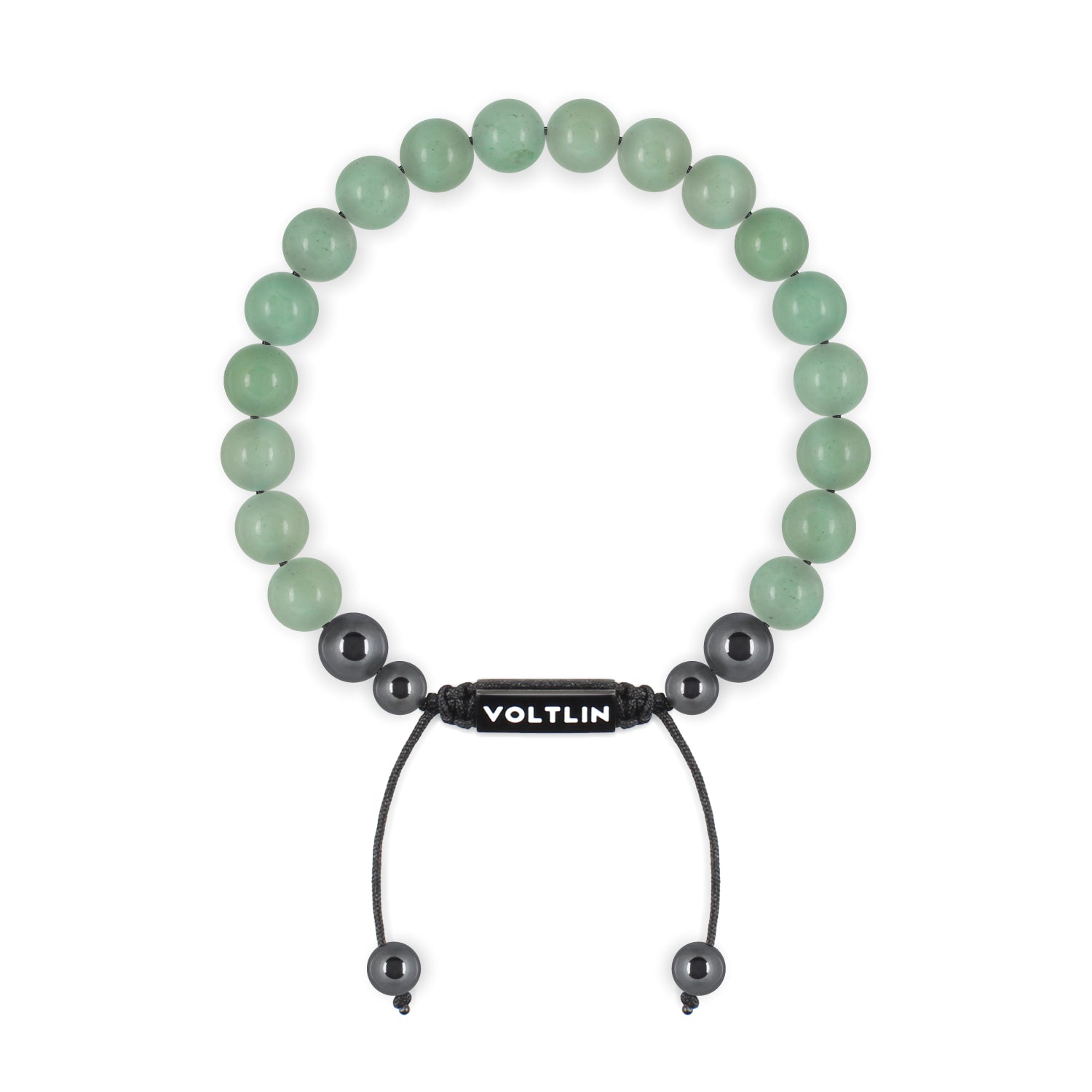 Front view of an 8mm Green Aventurine crystal beaded shamballa bracelet with black stainless steel logo bead made by Voltlin