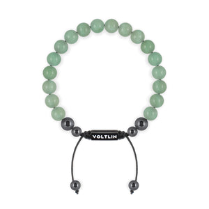 Top view of an 8mm Green Aventurine crystal beaded shamballa bracelet with black stainless steel logo bead made by Voltlin