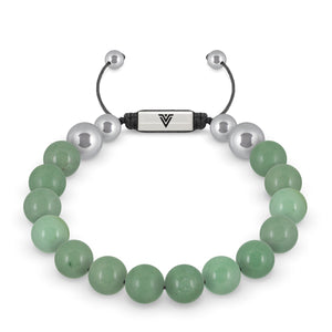 Front view of a 10mm Green Aventurine beaded shamballa bracelet with silver stainless steel logo bead made by Voltlin
