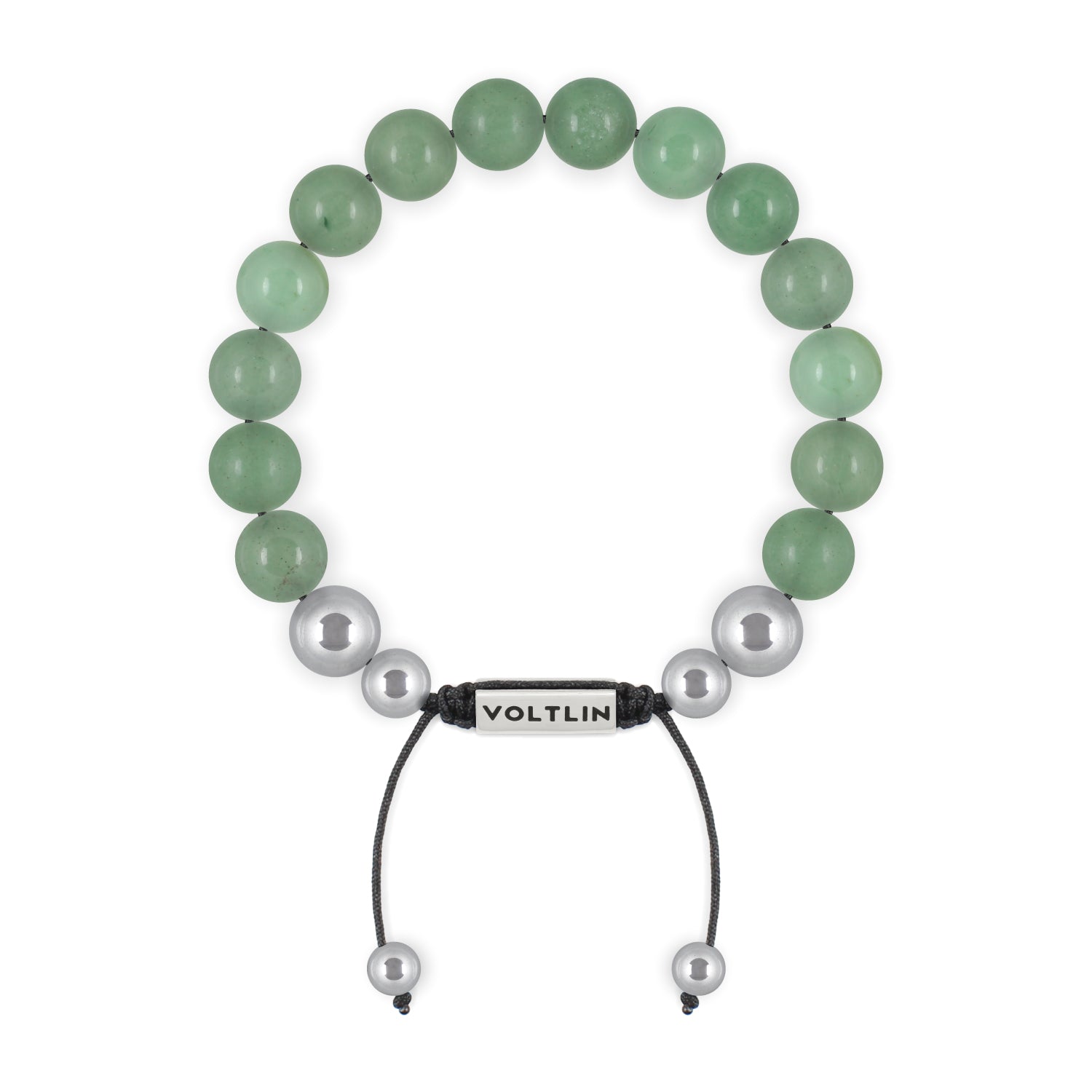 Top view of a 10mm Green Aventurine beaded shamballa bracelet with silver stainless steel logo bead made by Voltlin