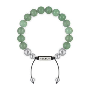 Top view of a 10mm Green Aventurine beaded shamballa bracelet with silver stainless steel logo bead made by Voltlin