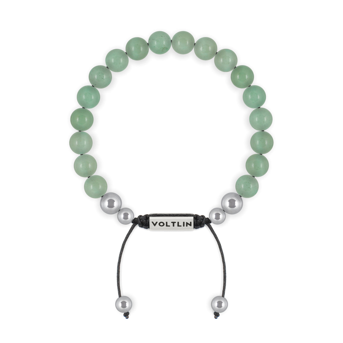 Top view of an 8mm Green Aventurine beaded shamballa bracelet with silver stainless steel logo bead made by Voltlin