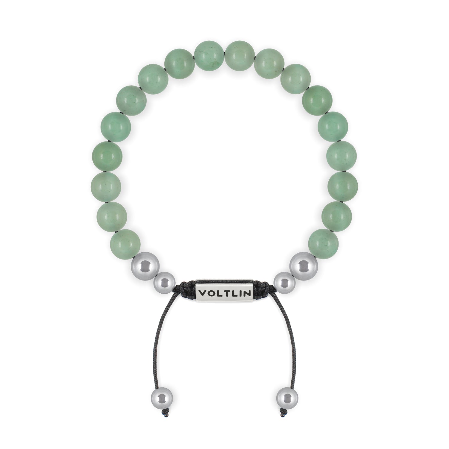 Top view of an 8mm Green Aventurine beaded shamballa bracelet with silver stainless steel logo bead made by Voltlin