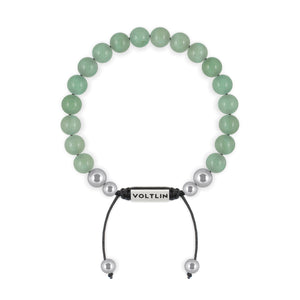 Top view of an 8mm Green Aventurine beaded shamballa bracelet with silver stainless steel logo bead made by Voltlin