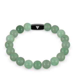Front view of a 10mm Green Aventurine crystal beaded stretch bracelet with black stainless steel logo bead made by Voltlin