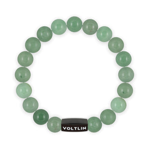 Top view of a 10mm Green Aventurine crystal beaded stretch bracelet with black stainless steel logo bead made by Voltlin