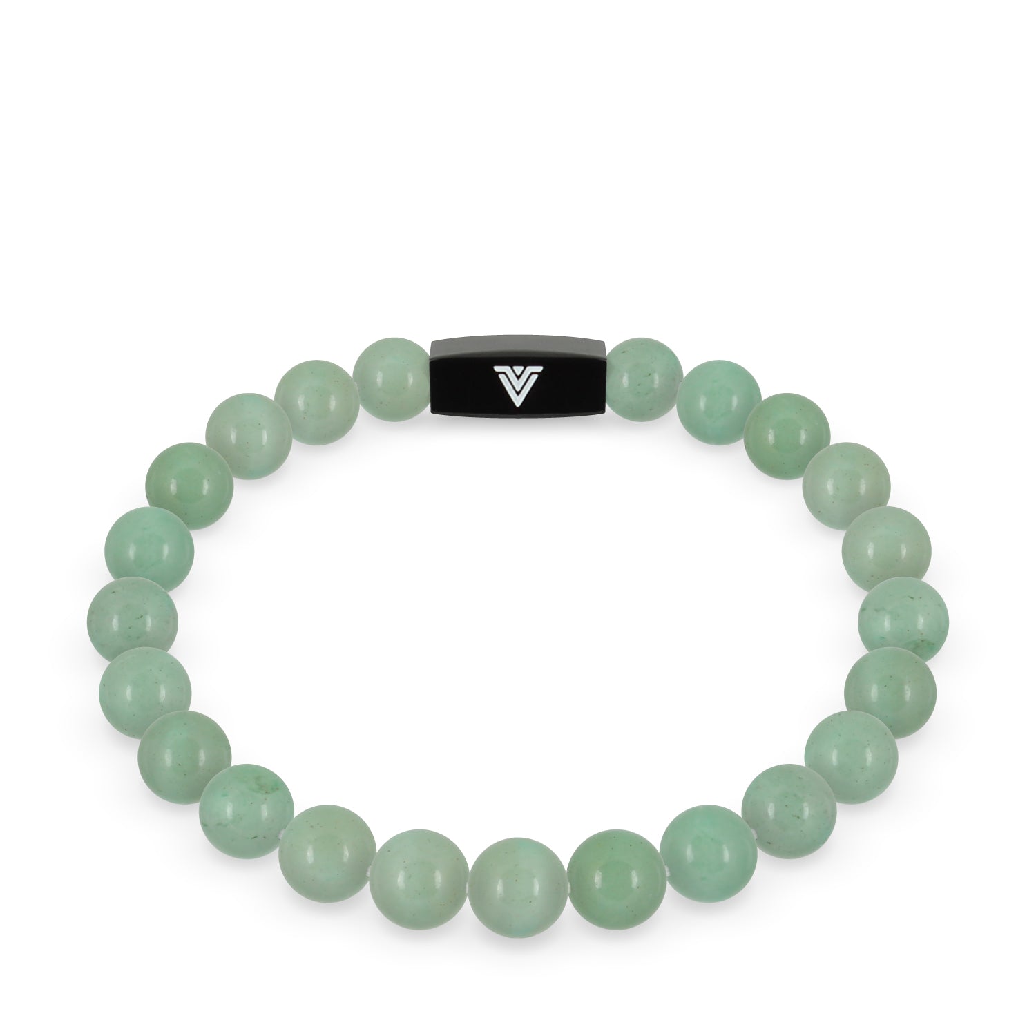 Front view of an 8mm Green Aventurine crystal beaded stretch bracelet with black stainless steel logo bead made by Voltlin
