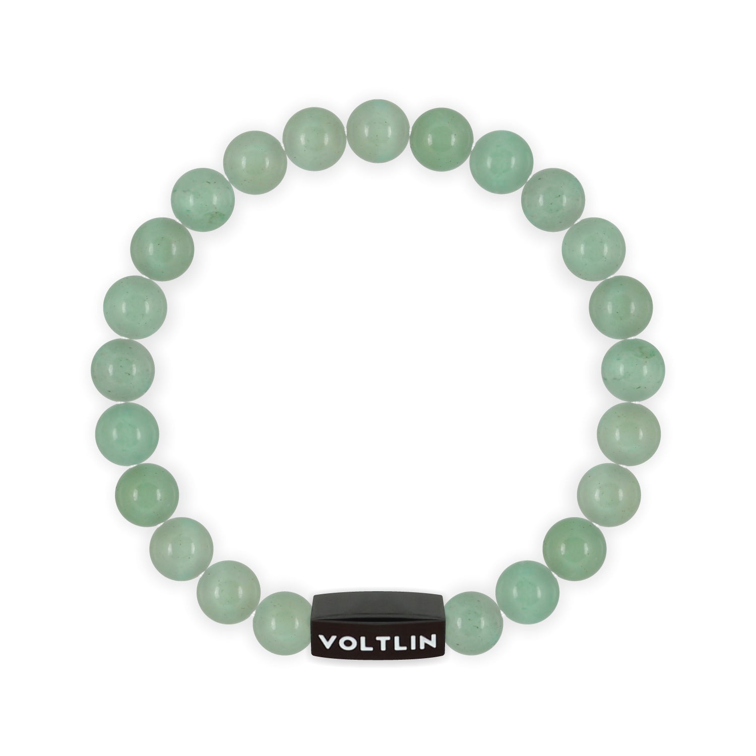Front view of an 8mm Green Aventurine crystal beaded stretch bracelet with black stainless steel logo bead made by Voltlin