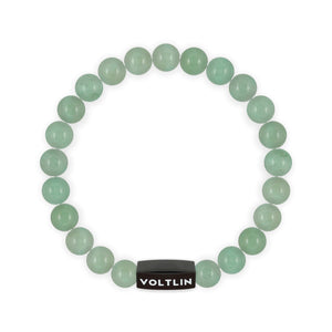 Top view of an 8mm Green Aventurine crystal beaded stretch bracelet with black stainless steel logo bead made by Voltlin