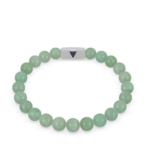 Front view of an 8mm Green Aventurine beaded stretch bracelet with silver stainless steel logo bead made by Voltlin