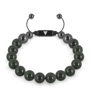 Front view of a 10mm Green Goldstone crystal beaded shamballa bracelet with black stainless steel logo bead made by Voltlin