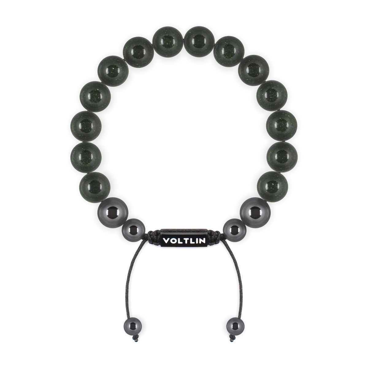 Top view of a 10mm Green Goldstone crystal beaded shamballa bracelet with black stainless steel logo bead made by Voltlin