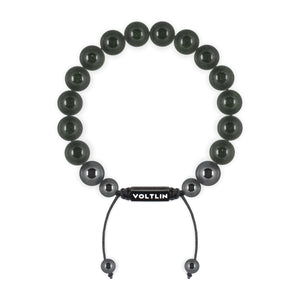 Top view of a 10mm Green Goldstone crystal beaded shamballa bracelet with black stainless steel logo bead made by Voltlin