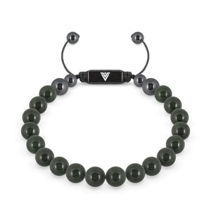 Front view of an 8mm Green Goldstone crystal beaded shamballa bracelet with black stainless steel logo bead made by Voltlin
