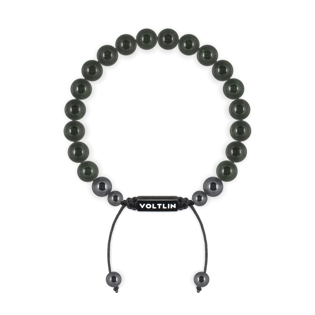 Top view of an 8mm Green Goldstone crystal beaded shamballa bracelet with black stainless steel logo bead made by Voltlin