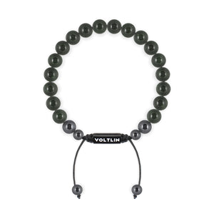 Top view of an 8mm Green Goldstone crystal beaded shamballa bracelet with black stainless steel logo bead made by Voltlin