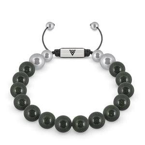 Front view of a 10mm Green Goldstone beaded shamballa bracelet with silver stainless steel logo bead made by Voltlin
