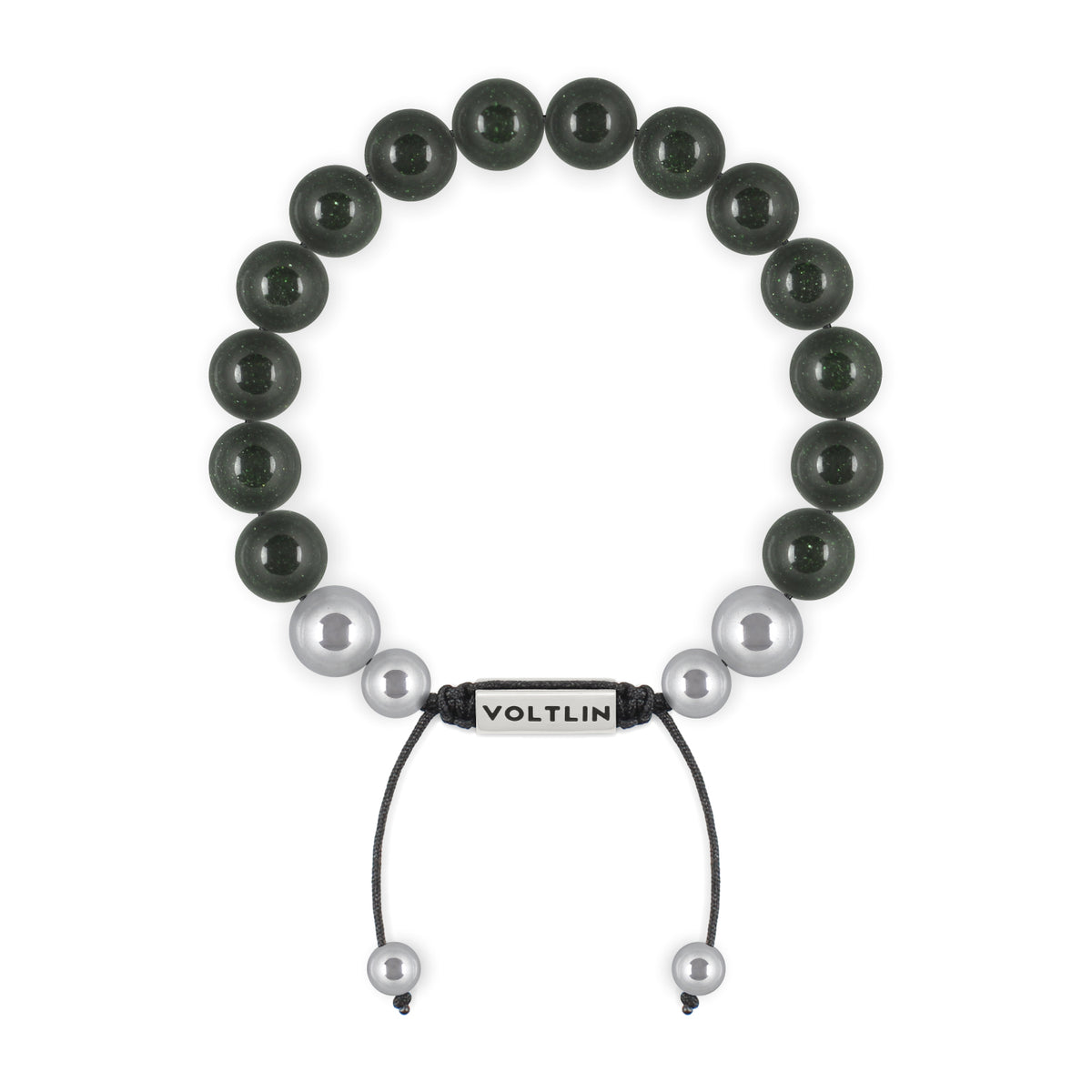 Top view of a 10mm Green Goldstone beaded shamballa bracelet with silver stainless steel logo bead made by Voltlin