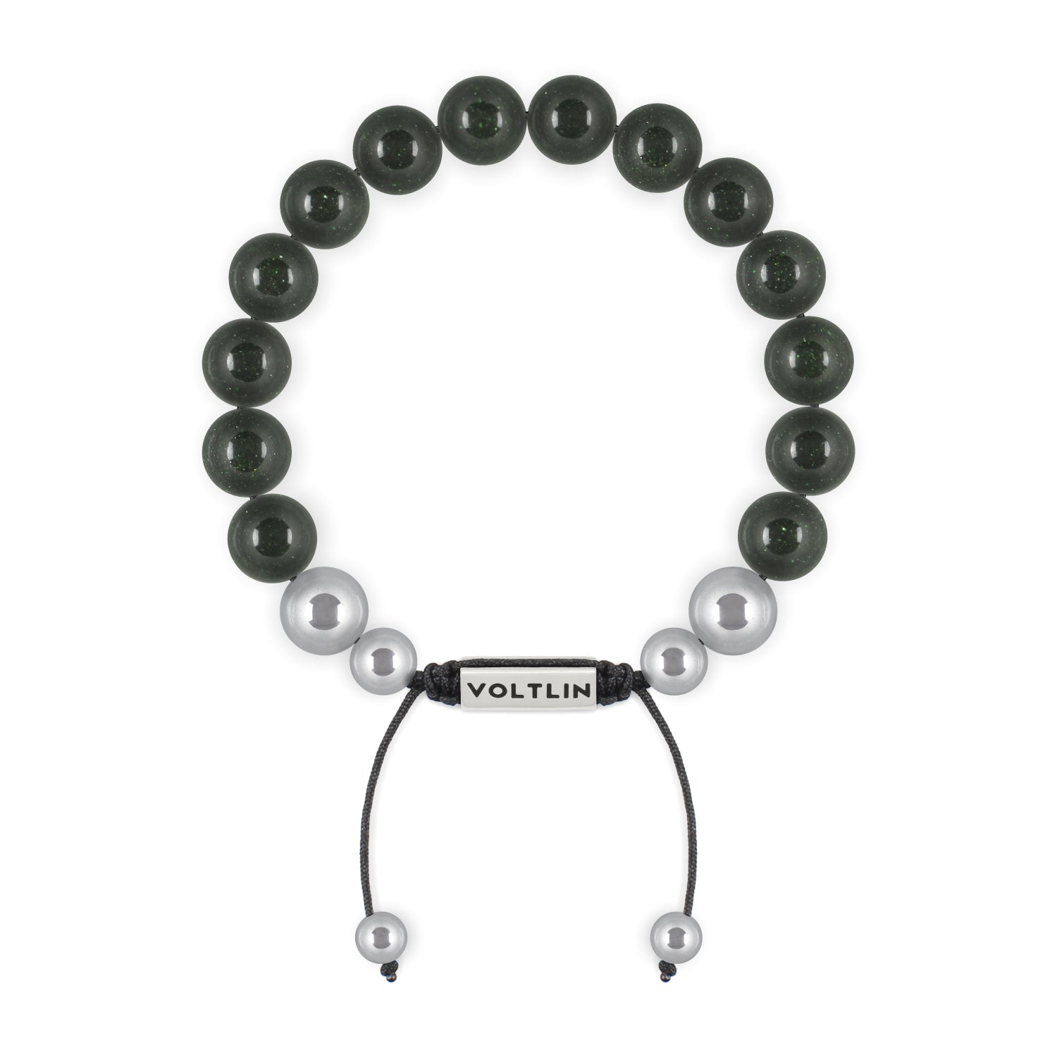 Top view of a 10mm Green Goldstone beaded shamballa bracelet with silver stainless steel logo bead made by Voltlin