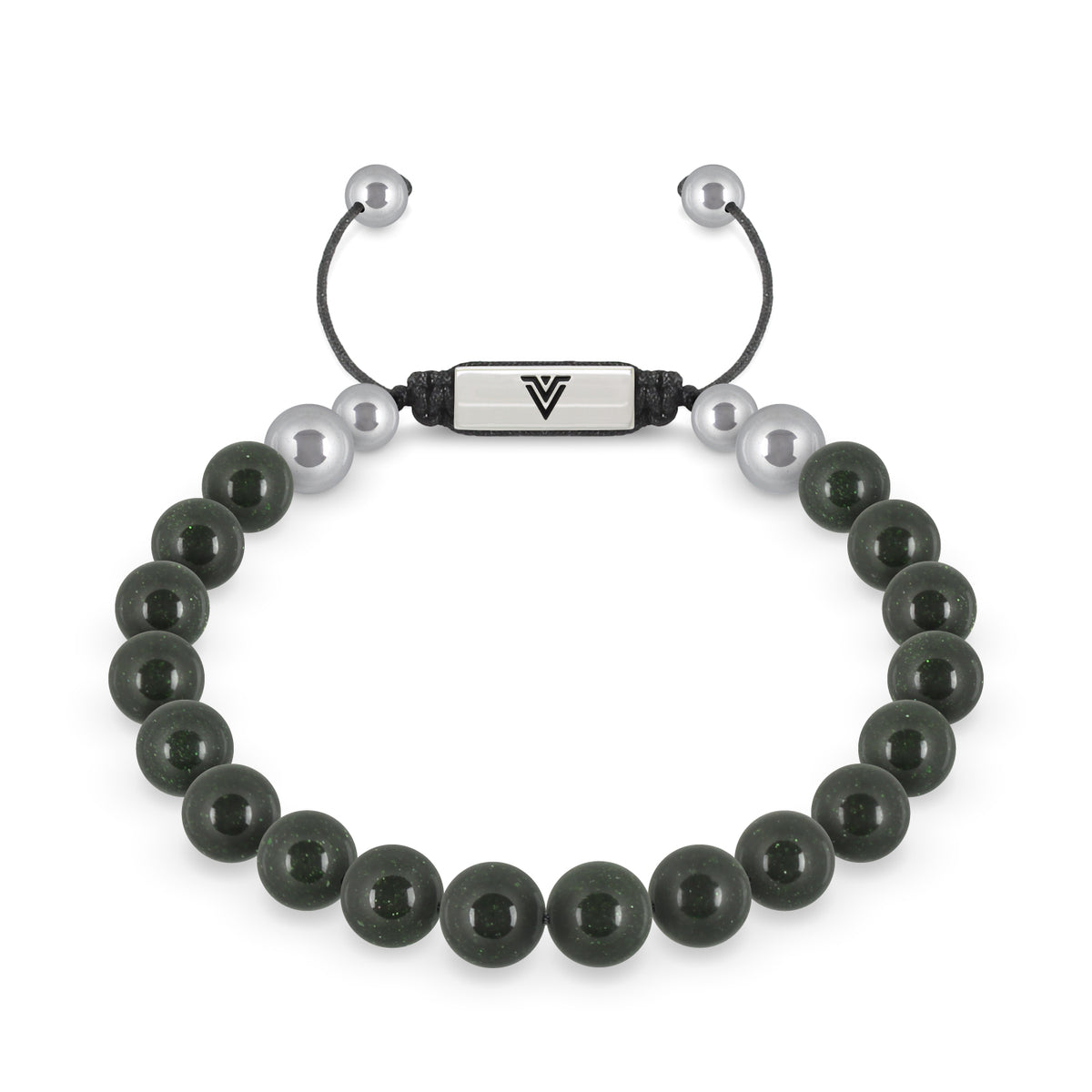 Front view of an 8mm Green Goldstone beaded shamballa bracelet with silver stainless steel logo bead made by Voltlin