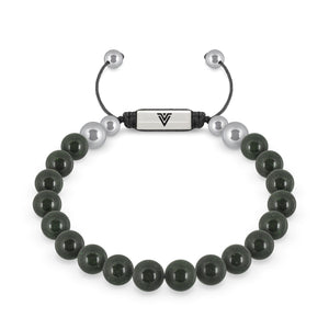 Front view of an 8mm Green Goldstone beaded shamballa bracelet with silver stainless steel logo bead made by Voltlin
