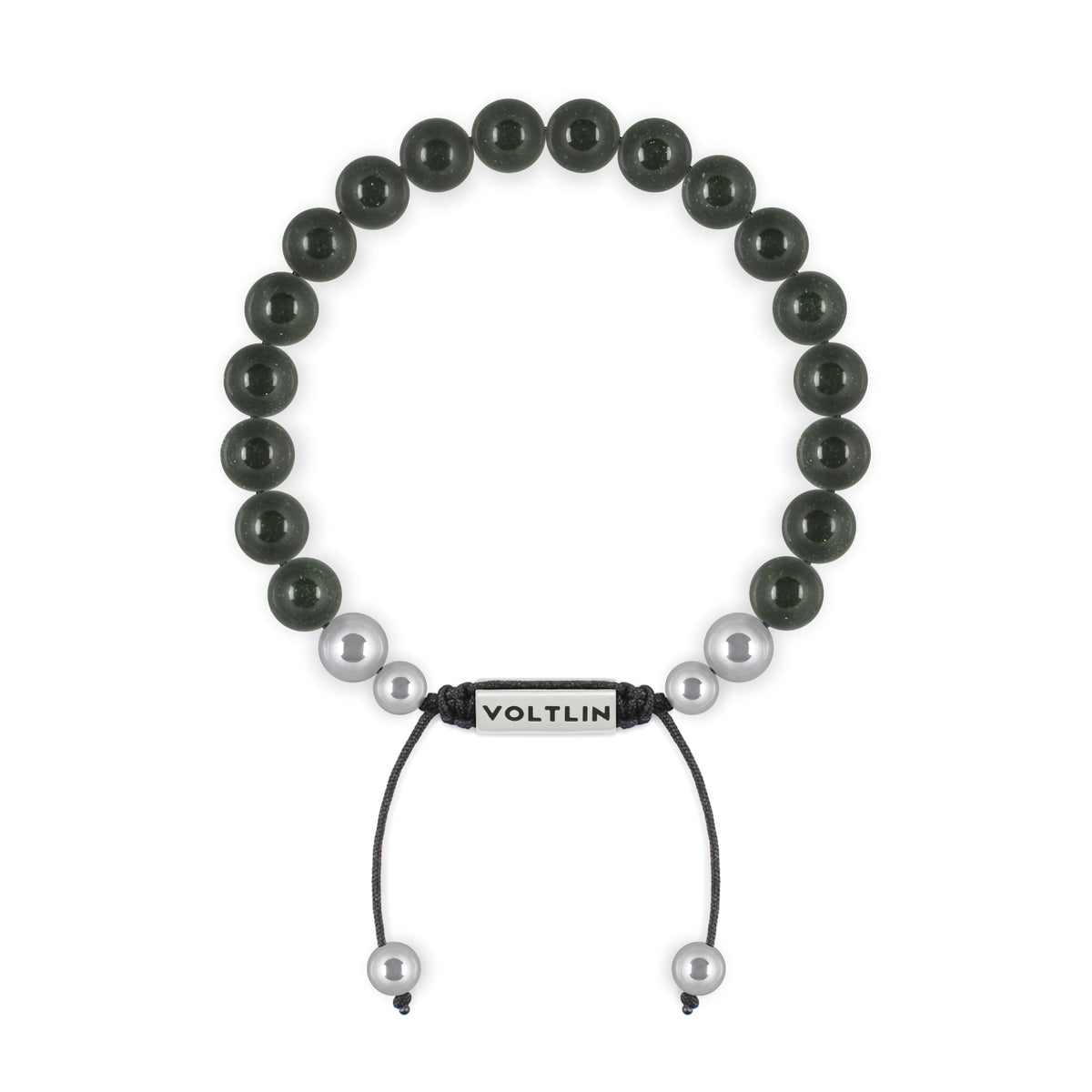 Top view of an 8mm Green Goldstone beaded shamballa bracelet with silver stainless steel logo bead made by Voltlin