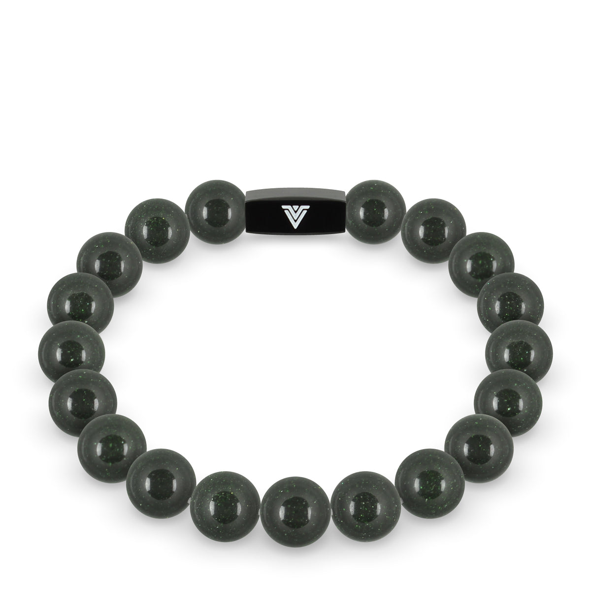 Front view of a 10mm Green Goldstone crystal beaded stretch bracelet with black stainless steel logo bead made by Voltlin