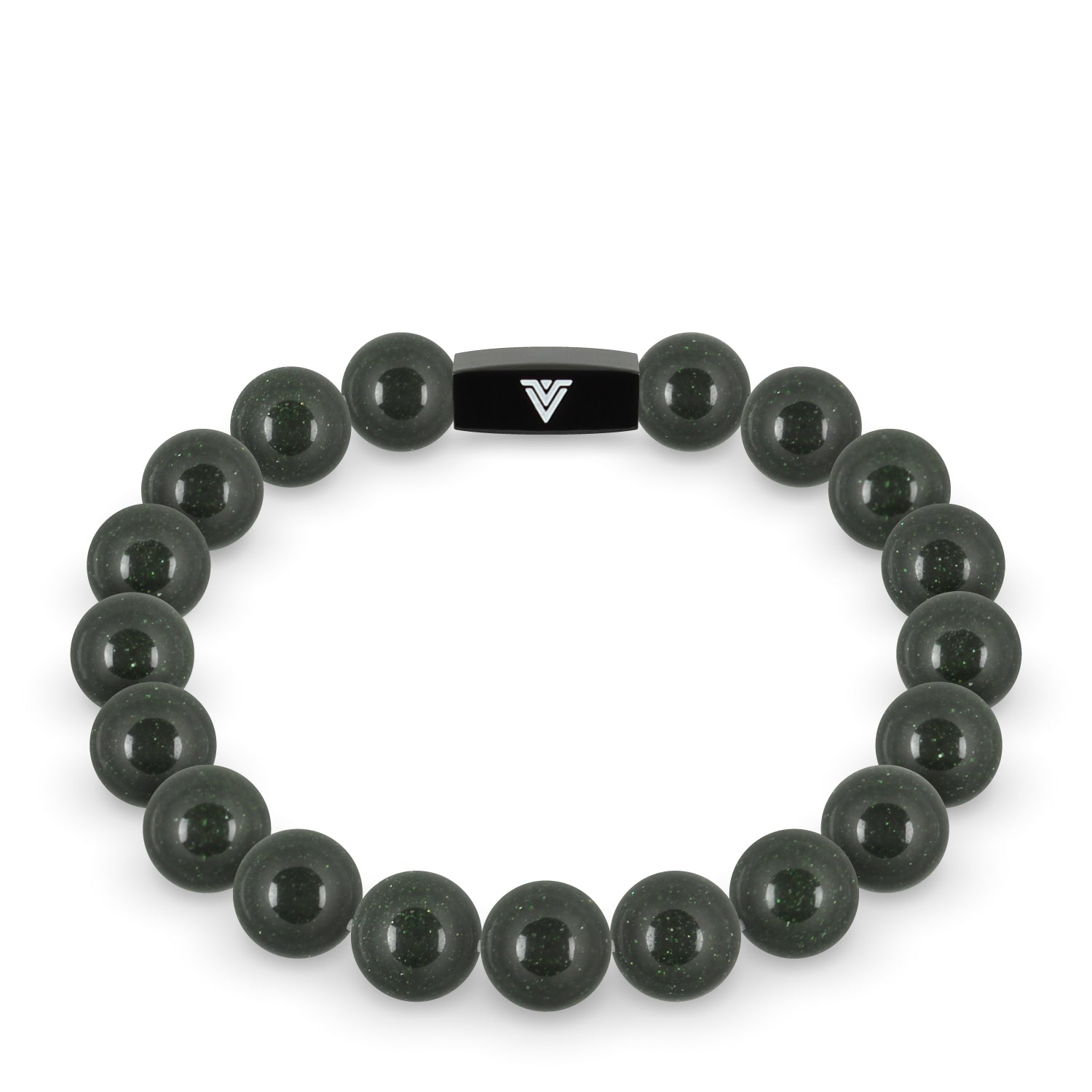 Front view of a 10mm Green Goldstone crystal beaded stretch bracelet with black stainless steel logo bead made by Voltlin