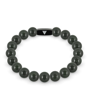 Front view of a 10mm Green Goldstone crystal beaded stretch bracelet with black stainless steel logo bead made by Voltlin