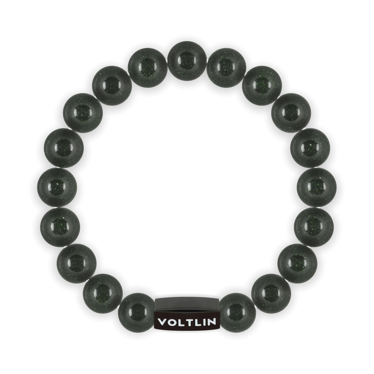 Top view of a 10mm Green Goldstone crystal beaded stretch bracelet with black stainless steel logo bead made by Voltlin