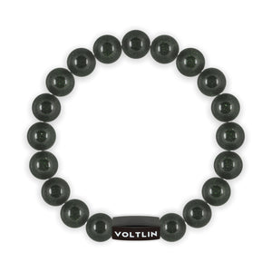 Top view of a 10mm Green Goldstone crystal beaded stretch bracelet with black stainless steel logo bead made by Voltlin