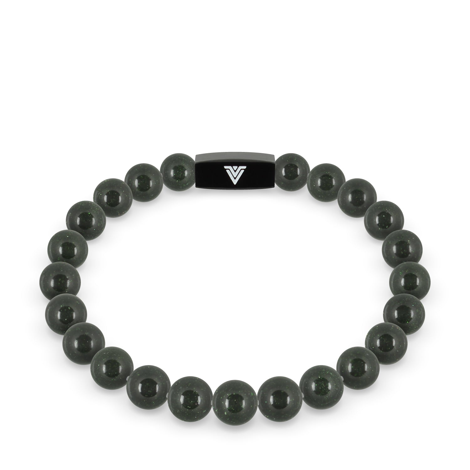 Front view of an 8mm Green Goldstone crystal beaded stretch bracelet with black stainless steel logo bead made by Voltlin