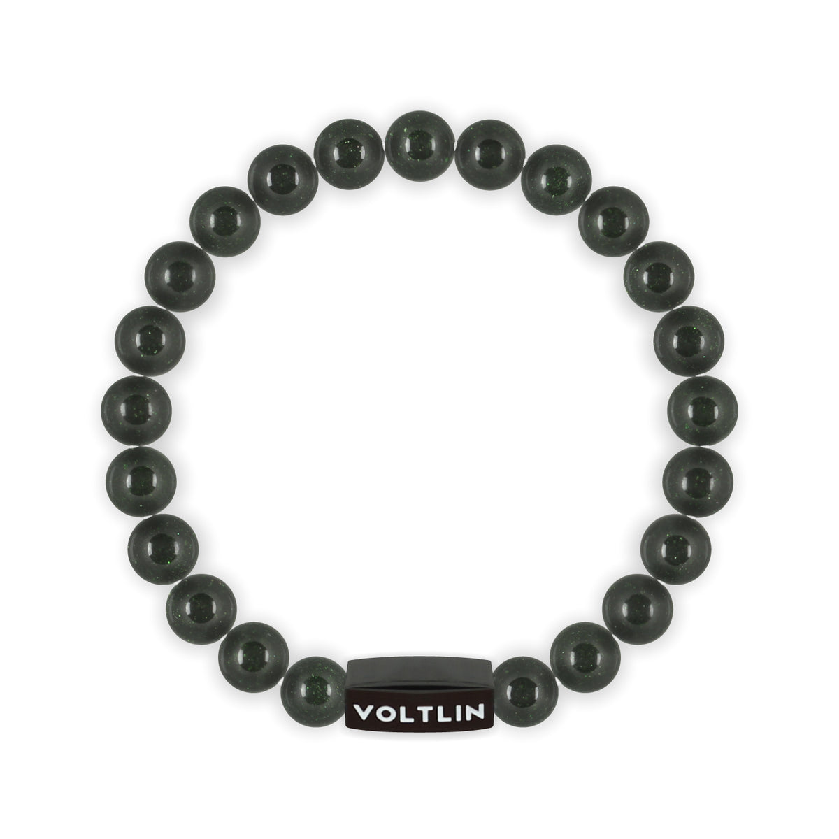 Top view of an 8mm Green Goldstone crystal beaded stretch bracelet with black stainless steel logo bead made by Voltlin