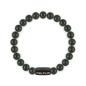Top view of an 8mm Green Goldstone crystal beaded stretch bracelet with black stainless steel logo bead made by Voltlin