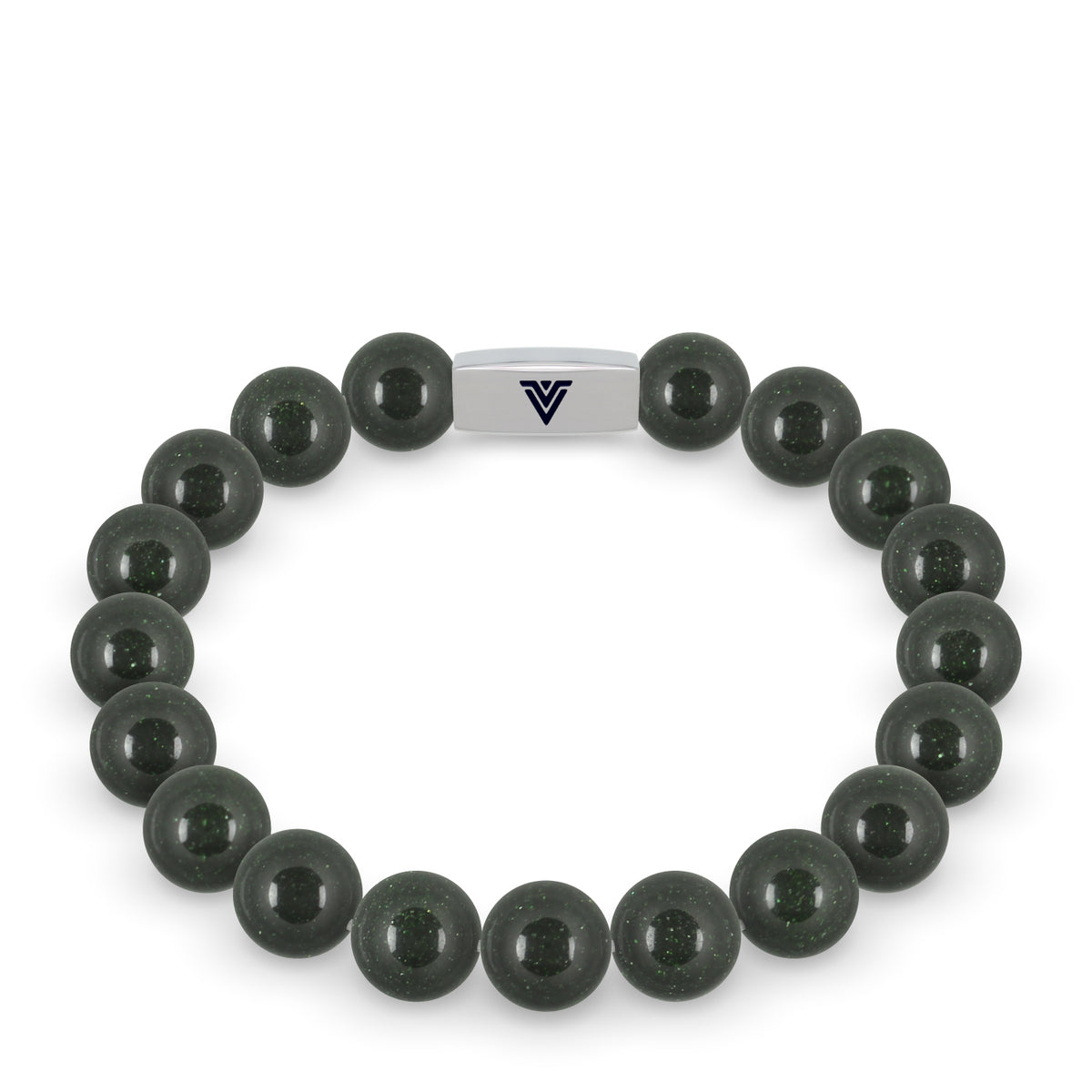 Front view of a 10mm Green Goldstone beaded stretch bracelet with silver stainless steel logo bead made by Voltlin