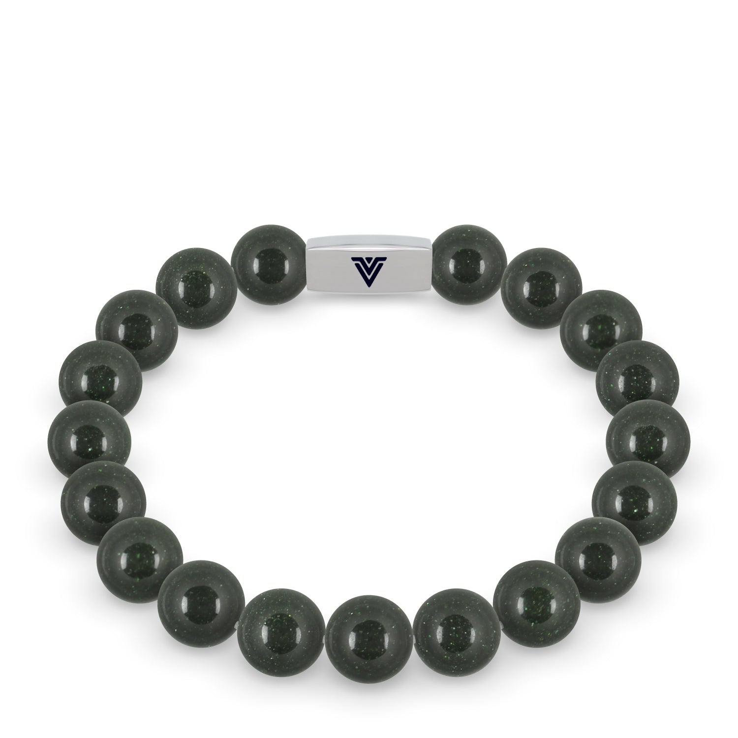 Front view of a 10mm Green Goldstone beaded stretch bracelet with silver stainless steel logo bead made by Voltlin