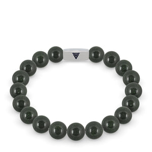 Front view of a 10mm Green Goldstone beaded stretch bracelet with silver stainless steel logo bead made by Voltlin