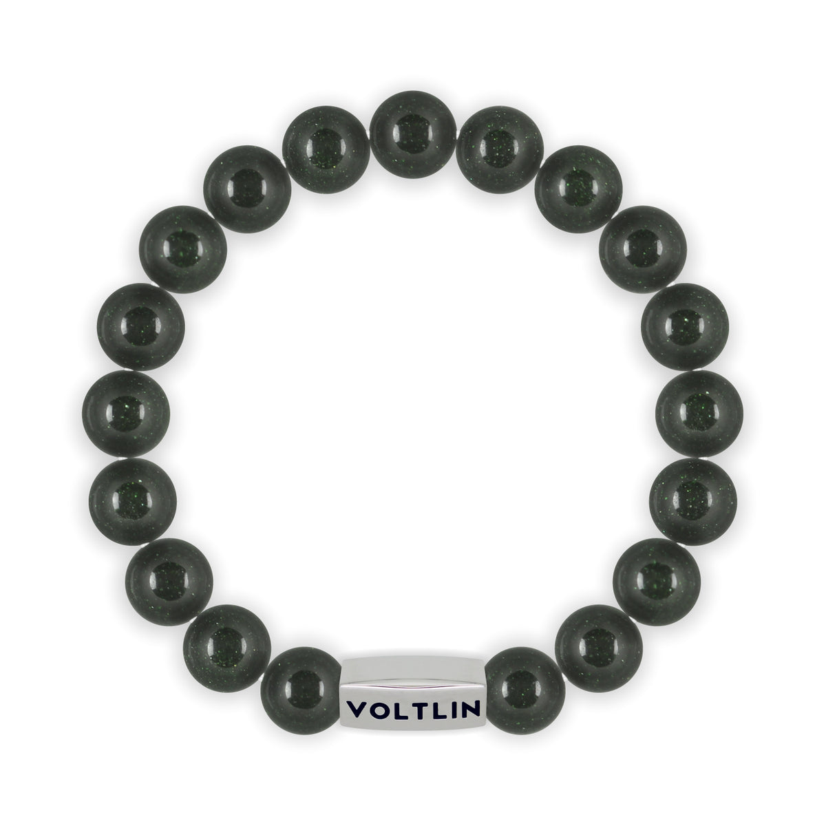 Top view of a 10mm Green Goldstone beaded stretch bracelet with silver stainless steel logo bead made by Voltlin