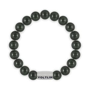 Top view of a 10mm Green Goldstone beaded stretch bracelet with silver stainless steel logo bead made by Voltlin