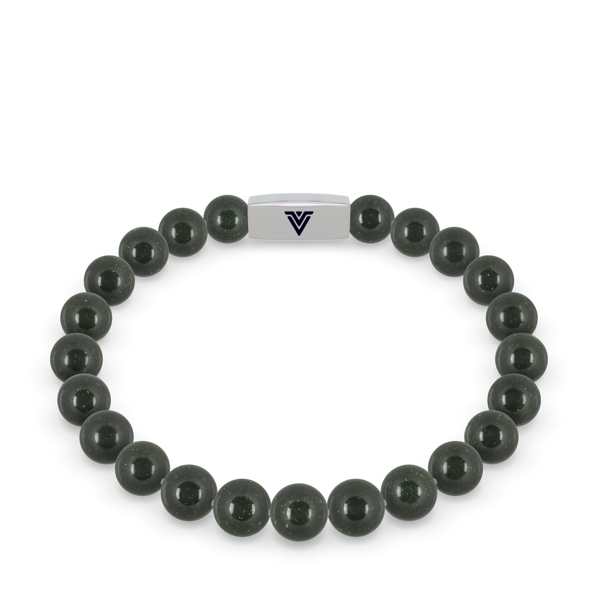 Front view of an 8mm Green Goldstone beaded stretch bracelet with silver stainless steel logo bead made by Voltlin