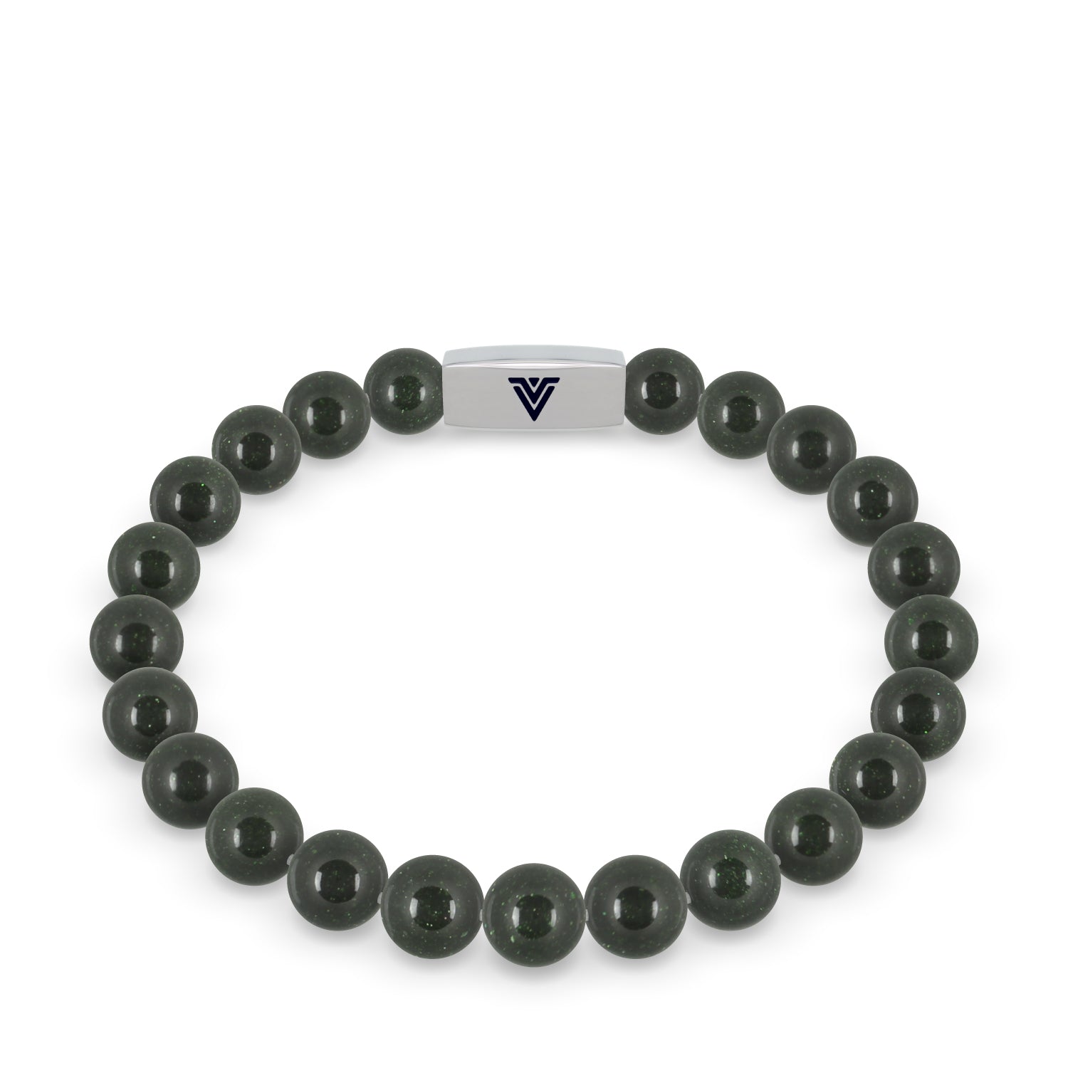 Front view of an 8mm Green Goldstone beaded stretch bracelet with silver stainless steel logo bead made by Voltlin