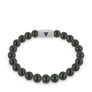 Front view of an 8mm Green Goldstone beaded stretch bracelet with silver stainless steel logo bead made by Voltlin