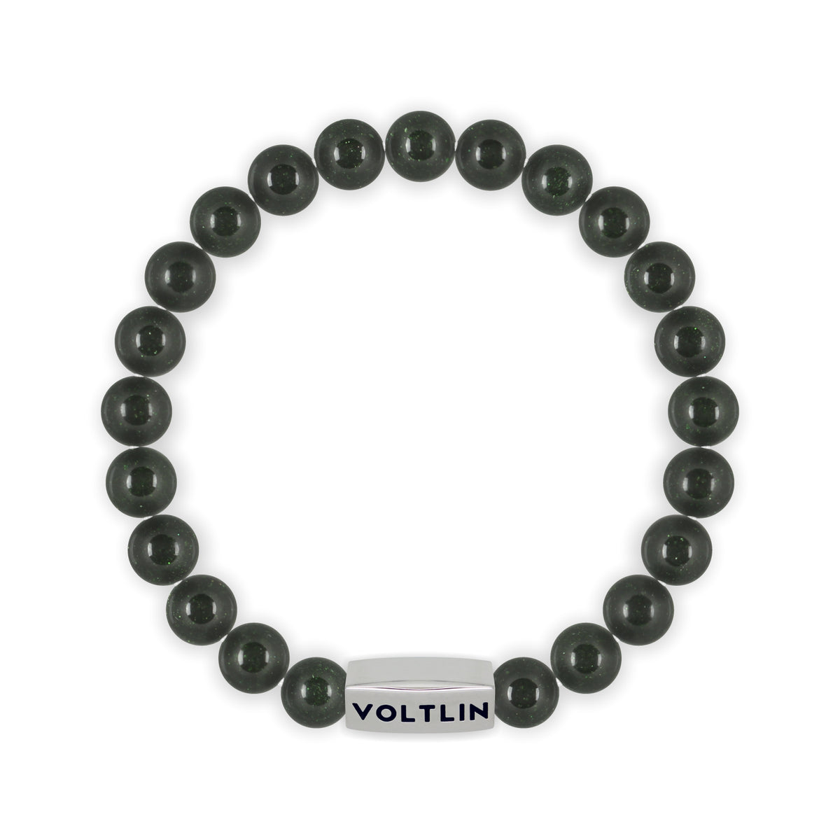 Top view of an 8mm Green Goldstone beaded stretch bracelet with silver stainless steel logo bead made by Voltlin