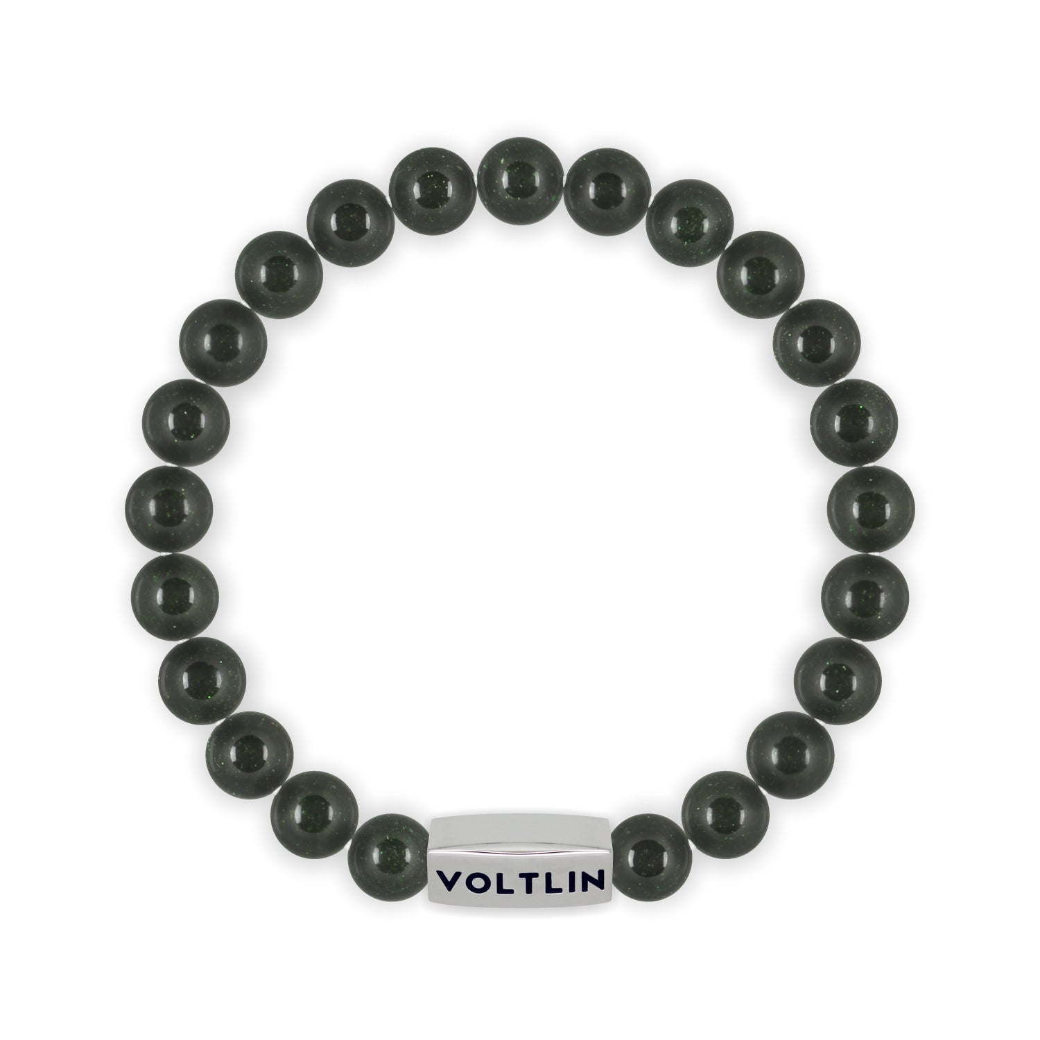 Top view of an 8mm Green Goldstone beaded stretch bracelet with silver stainless steel logo bead made by Voltlin