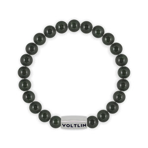 Top view of an 8mm Green Goldstone beaded stretch bracelet with silver stainless steel logo bead made by Voltlin